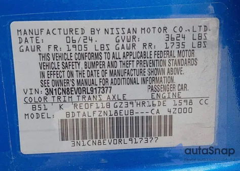 2024 Nissan Versa 1.6 Sv z USA, uszkodzony, nr VIN 3N1CN8EV0RL917377